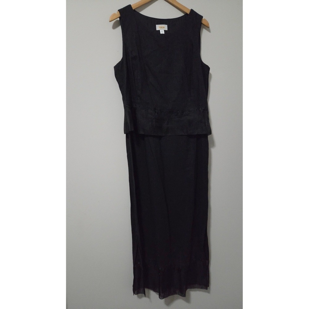 Talbots Black Linen Blend Embroidered Silk Trim‎ Sleeveless Maxi Dress Size 12